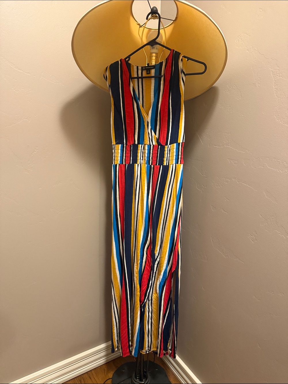 Sleeveless Multi-Stripe V-Neck Maxi Dress - Yellow, Red, Blue